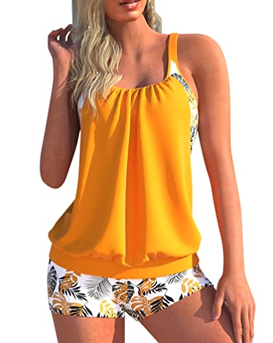 Minetom Maillot de Bain 2 Pièces Femme Tankini Ensembles Maillots Push Up Bikini Set Imprimé sans Manches Débardeur et Short F Orange XL