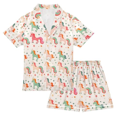 ALAZA Unicorn with Star Pajamas Satin Pajama Set Short Sleeve Button Down Sleepwear