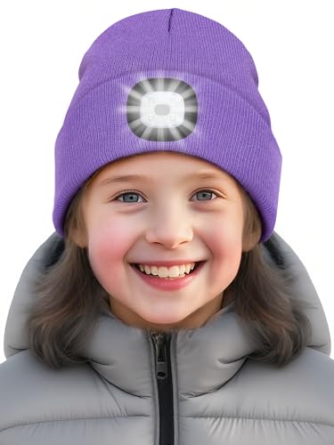 SPGOOD Wiederaufladbare mütze mit LED licht für Kinder, für Jungen und Mädchen, abnehmbare und waschbare warme beleuchtete mütze mit Lampe für den Winter im Freien(Taro Lila)