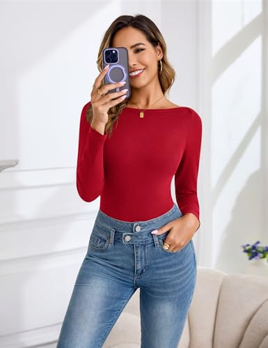 Aottori Camiseta Cuello Barco Mujer Elegante Manga Larga Camisetas Interior Básica Canalé Ajustada Elástica Lisa Ligera Casual Túnica Top Rojo S