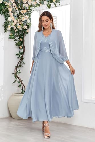 Women's 2 Pieces Lace Mother of The Bride Dresses with Jacket Chiffon Sequin Formal Evening Wedding Guest Dress2