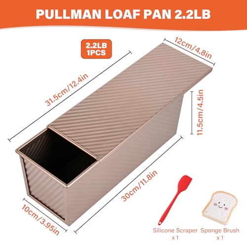 Image of Pullman Loaf Pan with Lid 13x4 Inch, 2.2lb Dough Capacity for Homemade Bread, Non-stick Corrugated Carbon Steel Bread Toast Box with Cover for Bakeware, Sandwich & Toast Oven Baking, Gold
