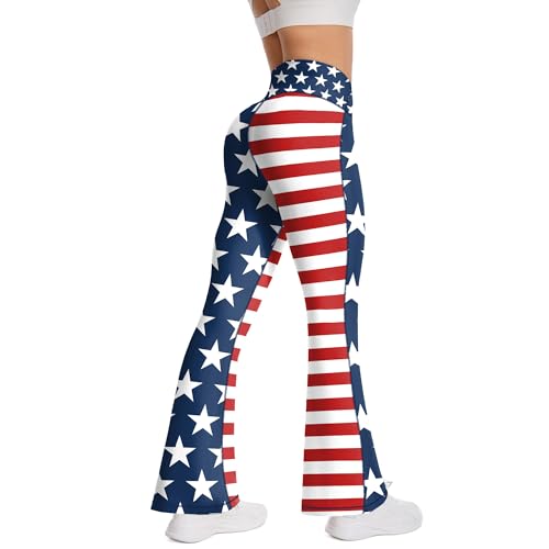 MAX TSOLMON Women American Flag High Waist Flared Leggings USA Bell Bottom Yoga Pants 4th of July Workout Leggings (US Alpha Medium Regular Regular Red Blue)