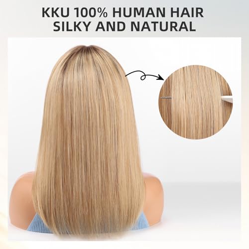 Image of KKU 16 Inch Human Hair Wig,Human Hair Wigs,Human Hair Wig With Bangs, Lady Wigs Human Hair, Real Hair Wigs For Women