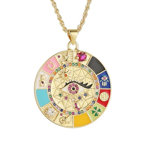 HZMAN Evil Eye Necklace for Women Retro Enamel 18K Gold Plated Round Medal Necklace Pendant Good Luck Amulet Jewelry Gift
