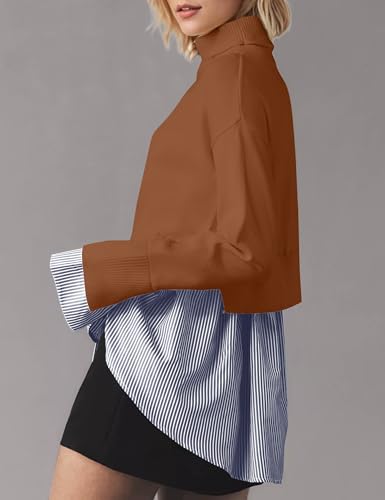 Image of MISSACTIVER Women Slit Turtleneck Patchwork Sweater 2 in 1 Buttons Down Pullover Knit Sweater Asymmetrical Hem Shirt Top