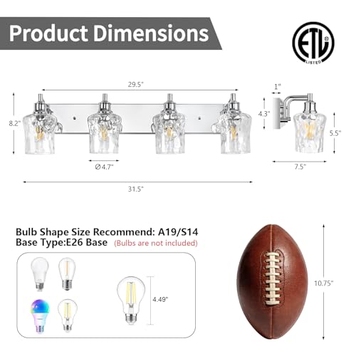 Image of Bathroom Light Fixtures Farmhouse Chrome Vanity Lights for Bathroom Lighting Fixtures Over Mirror with Hammered Glass Lampshade for Cabinet Mirror Bedroom Hallway 4 Light