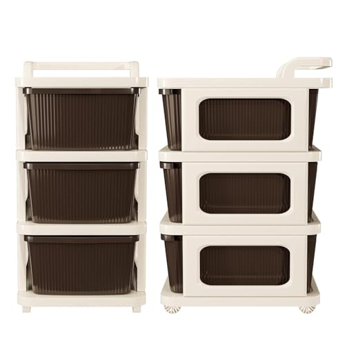 Image of KITCHIVO Heavy Duty Plastic Storage Drawer with Wheels | Modular Cabinet for Bedroom, Office, Home or Classroom| Chest of Drawers Organiser for Cosmetics, Kitchen items, Toys (Brown, 3)