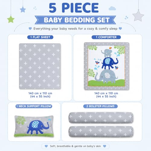 Image of Petals Dreams Baby 5 pcs. Bedding Set | Reversible Comforter Blanket & Bedsheet Set for (0-5 Years) | Baby Crib Bedding Set (Grey)