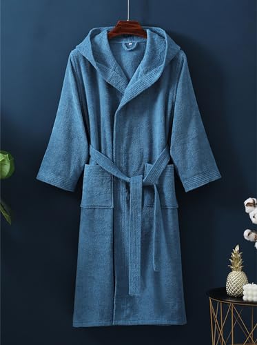 Unisex 100% cotton Terry Cloth Bathrobe with Hood，plush & Absorbent Mid Length Thicken Kimono Shower Spa Robe2