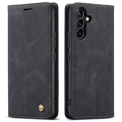 QLTYPRI Case for Samsung Galaxy A35 5G, Vintage PU Leather Wallet Case Card Slot Kickstand Magnetic Closure Shockproof Flip Folio Case Cover for Samsung Galaxy A35 5G - Black