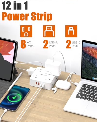 Wrxdmc AC860-CU Extensión eléctrica con 8 tomas y 4 puertos USB, protección contra sobrecarga, cable trenzado de 1.52 m miniatura 5