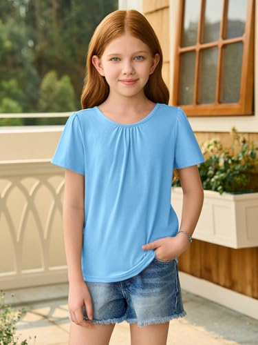 Haloumoning Girls Cross Back Shirts Kids Crewneck Puff Short Sleeve T-Shirt Cute Pleated Tops Tees 5-14 Years - Image 3