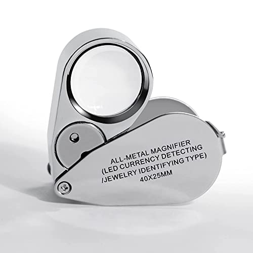 Image of Jewelers Loupe 25mm 40x Magnifying Glass with LED Lamp & UV Light Folding Hand-Held Portable Lens for Jewellery, Diamond & Gemstone Grader, Currency, Watchmaker, & General Magnifier