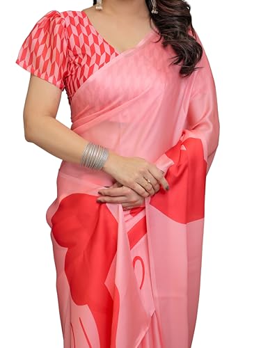 Image of ALMAARI FASHION Women's Floral Printed Georgette Satin Saree with Unstitched Blouse Piece | Traditional Ethnic Wear Sarees | Soft Lightweight Ethnic Office Wear Daily Wear Indian Sari (SG 151-160 H)