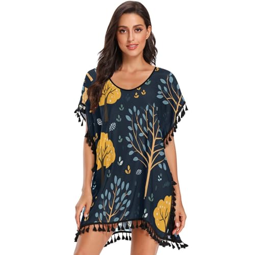 Funny Cartoon Art Forest Women's Beach Cover Up Chiffon Tassel Swimwear Swimsuit Coverups for Girl