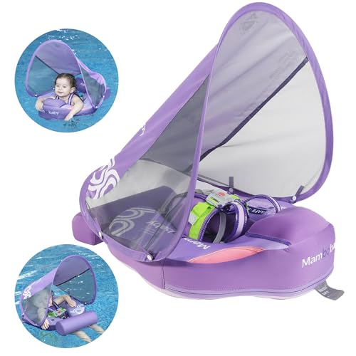 Image of Mambobaby Float Baby Float with Canopy & Tail Non-Inflatable Infant Pool Floats Adjustable Safety Strap Toddler Swim Trainer (Purple)