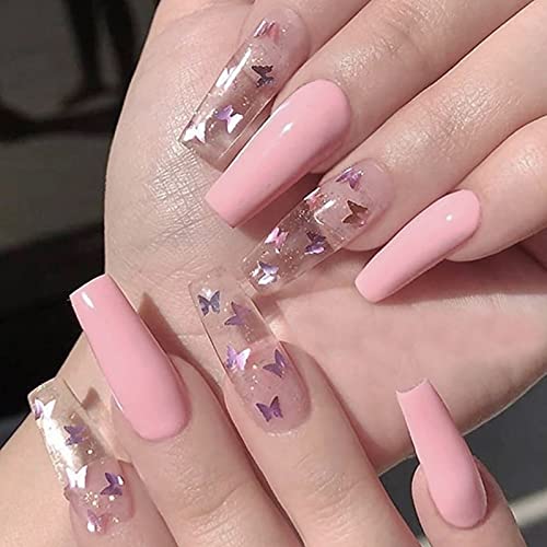 24 Pcs Coffin Press on Nails Long, Sunjasmine Fake Nails Glue on Nails, Glossy False Nails with Glue, Acrylic Nails for Women and Girls (Pink Mixed Butterfly)