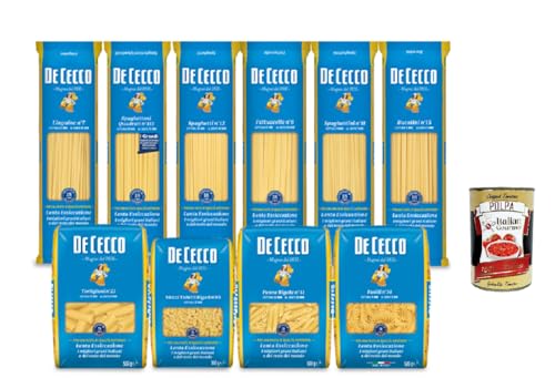 Estuche 'Strenne Italia' - 10× Pasta De Cecco 500 g surtidos + 1× pulpa de tomate 400 g - formatos largos y cortos, secado lento - Total 5,4 kg - Fabricado en Italia + Italian Gourmet Polpa 400 g