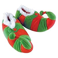 Novelty Childrens Christmas Elf Slippers | Funky Fleece Linied Red & Green Striped Xmas Slippers for Kids