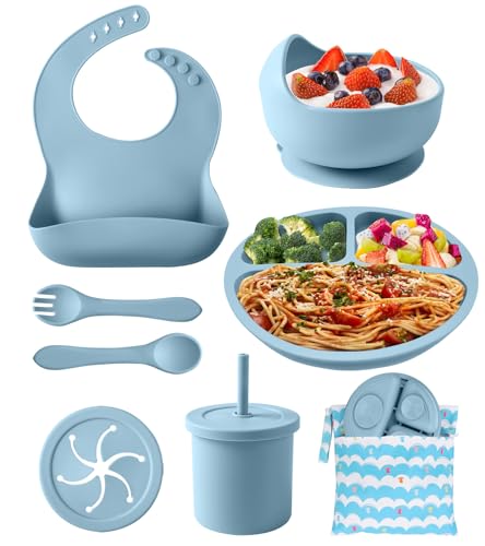 Silicone Baby Feeding Set, 10 Pcs Baby Led Weaning Supplies Baby Eating Essentials Set with Suction Bowl Divided Plate Adjustable Bib Soft Spoon Fork Cup with Lid Drinking Cup, Travel Bag (Blue)