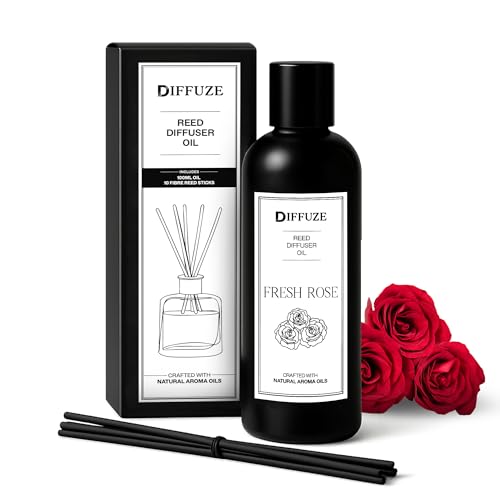 Image of DIFFUZE Fresh Rose Essential Oil Reed Diffuser Refill with 10 Fibre Reed Sticks | Floral Aroma Oil & Fragrance Oil | Diffuser Oil for Home Fragrance