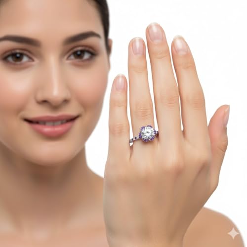 Image of 55Carat Choose Your Gemstone 6 Petal Ring Sterling Silver Round Shape Halo Engagement Rings Well Shaped for Any Gift Giving Occassion Modern Style Enchating Women US Size 4 to 12
