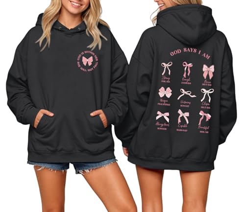 Cayxatiu Christian Bow Hoodie for Women God Says I am Bible Verse Hoodies Bows Sweatshirt Coquette Pullover(Black L)
