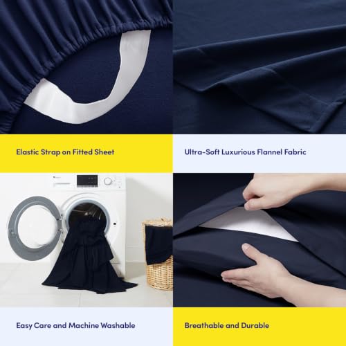 Image of Flannel Sheets Warm and Cozy Deep Pocket Breathable All Season Bedding Set with Fitted, Flat and Pillowcases, Twin, Navy