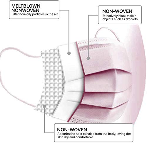 50 Pcs Dusty Rose Disposable Face Masks, Facial Mouth Cover, 3 Ply Filter Protectors with Elastic Earloops Breathable Non-woven - Thumbnail 7
