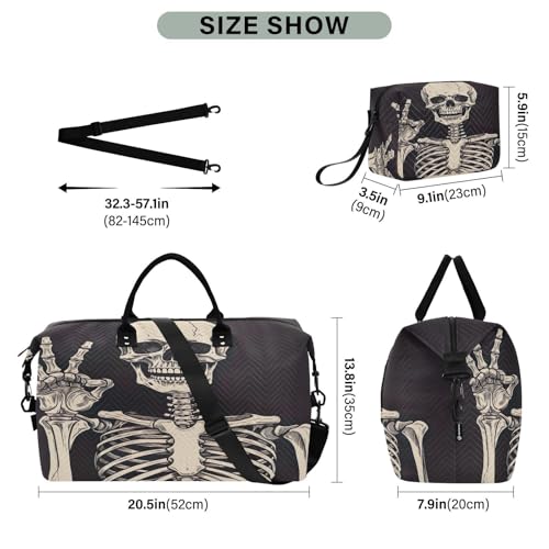 Funny Skeleton Travel Duffel Bag Large Capacity Weekender Bag with Toiletry Bag Detachable Shoulder Strap Travel Tote Bag for Women3