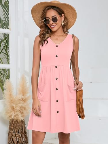 Image of Heymoments Women's Summer Dresses Sleeveless Casual Fashion Loose Swing Button Down Beach Dress with Pockets