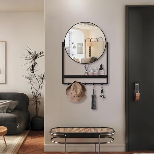 Miroir mural avec étagère rond noir 74 cm miroir entrée moderne