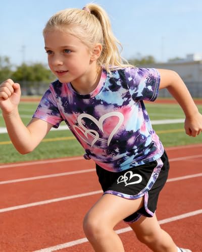 Image of Kids Girl Clothes Tie Dye Heart Print Short Sleeve Top and Shorts Toddler Girl Summer Outfits Short Set