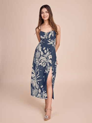 Image of Women Pure Cotton Printed A-Line Dress | Floral Summer Midi Dress | Casual Office Wear Lightweight Dress for Women (D207)