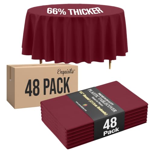 Image of Exquisite Burgundy Round Tablecloth 84 inch - 48 Pack | Plastic Tablecloth, Disposable Table Covers Round for Parties, Weddings, Holidays & Party Supplies