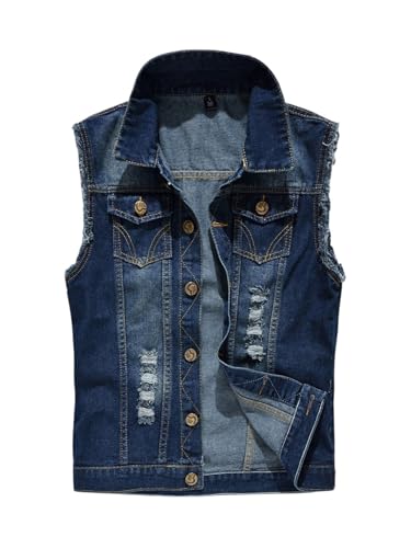 Image of Idopy Men`s American Flag Retro Ripped Denim Jeans Vest Sleeveless Jacket