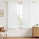 MRTREES Vorhänge Gardinen mit Store Vorhang Voile halbtransparent kurz in Leinenoptik Gardine Schals Weiß 145×140cm (H×B) für Wohnzimmer Schlafzimmer Kinderzimmer 2er Set