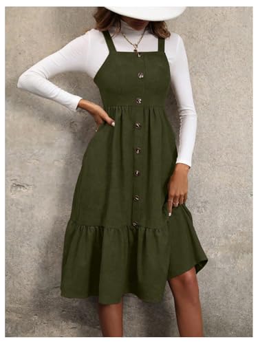 Image of WDIRARA Women's Button Front Sleeveless Ruffle Hem Pinafore Dress Corduroy Jumper Dress