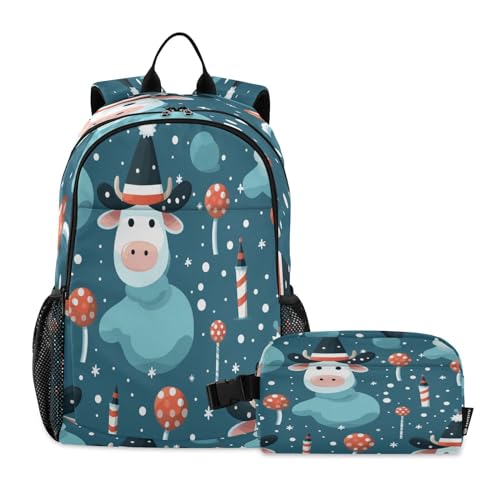 Sac à dos pour étudiants vaches motif dessin animé mignon avec sac à déjeuner