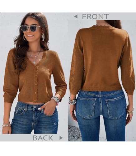 Image of Women Crop Cardigan Sweaters Lightweight 3 /4 Sleeve Button Up Crochet Shrug | Textured Bolero For Dresses Dressy Casual, V Neck, Ladies Eyelet Shawl Thin Trendy