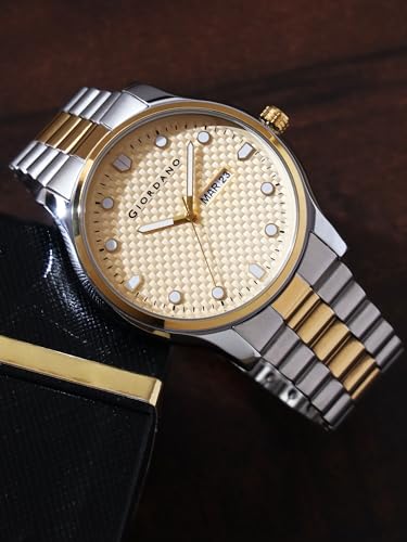 Image of Giordano Analog Watch for Men with Two-Tone Stainless Steel Strap & Textured Dial, Day-Date Display, Elegant Casual Style