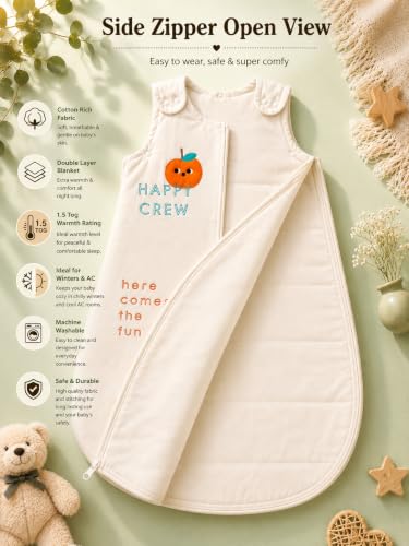 Image of TuddyBuddy Baby Cotton Wearable Quilted Sleeping Bag Blanket 1.5 Tog with 1 Way Zipper Closure | Ideal for Babies & Kids Hypoallergenic Fabrics | (Happy Crew - Beige, 6-12 Months)