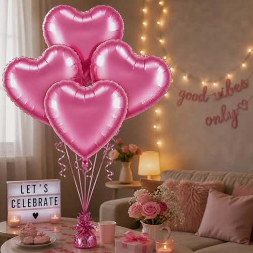 Image of Wanna Party Pink Heart Shape Foil Balloons | 18 Inch Heart Foil Balloon Set for Birthday, Anniversary, Valentine & Baby Shower Decoration | Air & Helium Supported | Pack of 4