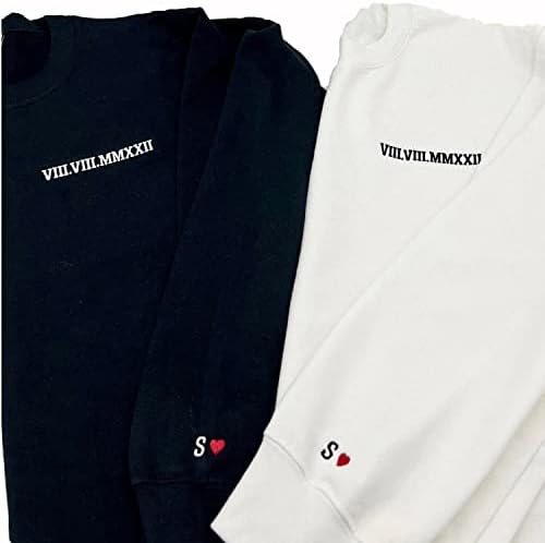 Custom Embroidered Roman Numeral Date TEE or Crew Sweatshirt/Couples Special Day Date/Initials on Sleeve/Wedding Day Anniversary Birthday Lovers Gift/FAST SHIPPING