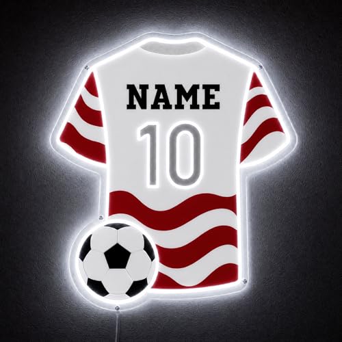 Image of Custom Soccer Jersey Neon Sign, Personalized Name Number world cup Football Jersey Neon Light with Soccer Ball, Customizable USB LED Wall Decor for Boys Bedroom, Game Room, Man Cave, Sports Bar, Fan Club, Party,Soccer Gifts