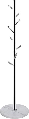 Adedeo Perchero de metal con base de mármol natural, colgador de árbol de acero inoxidable plateado con 8 ganchos, árbol de pasillo para ropa,