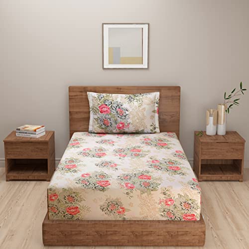 Image of Swayam Mercerized Pure Cotton Single Bedsheet with 1 Pillow Covers | 250 TC Soft Breathable Bed Sheet | Floral Printed | Size 60 x 90 inch | Comfortable & Durable for Bedroom - Beige