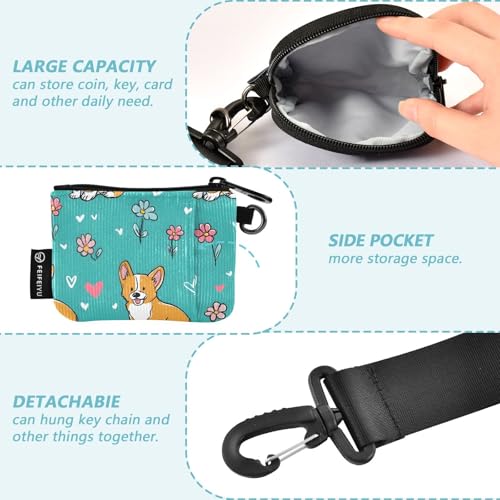 Cute Corgi with Flower Wristlet Wallet for Women, Detachable Dual Pouch Wristlet, Mini Zip Around Wallet Portable Coin Purses3