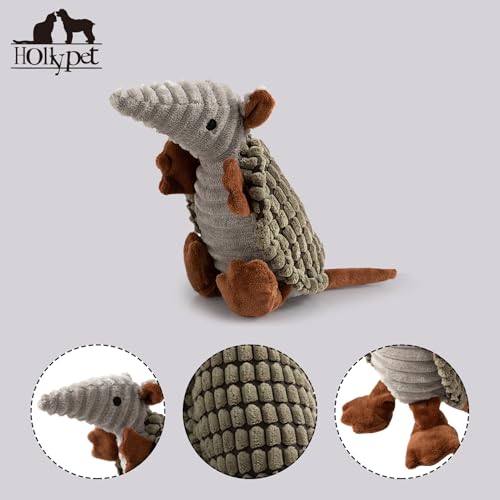 Image of Hollypet Plush Dog Squeaky Toy Stuffed Armadillo Animal Pet Puppy Chew Toys with Clean Teeth for Small Medium Large All Breed Sizes Dogs, Olive Drab, 8 in